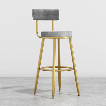 Round Gray Bar Height Stool Velvet Upholstery with Back & Golden Footrest